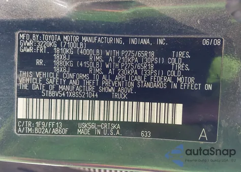 2008 Toyota Tundra Sr5 5.7L V8 from USA, damaged, VIN 5TBBV541X8S521044